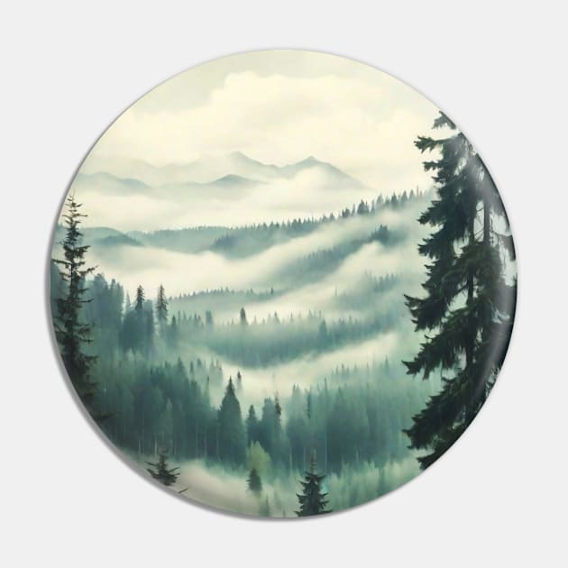 Misty fir forest retro style Pin by Anik Arts