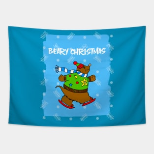 Merry Christmas Brown Bear Lover Ice Skater Tapestry