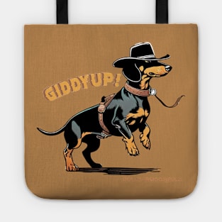 GIDDYUP! Black Tan Dachshund wearing cowboy hat & saddle Tote