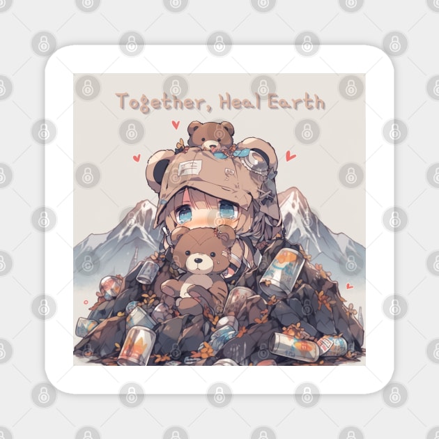 Together, Heal Earth - Sad Chibi Bear and Environmental Message Magnet by WabiSabi Wonders