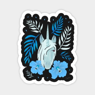 Unicorn and Hibiscus Blue White Floral Pattern Magnet