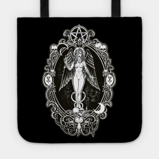 Baphochick - woman, death, goth, snake, devil, Baphomet, skull, goth, girl, dark angel, goat, black sticker, moon Tote