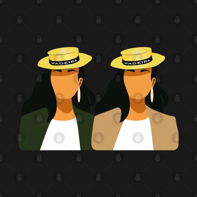 Madeira Island female couple no face illustration using the traditional straw hat by Donaby