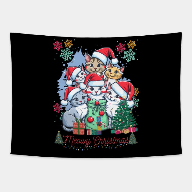 Merry Cristmas with red black cat Tapestry by tee-sailor