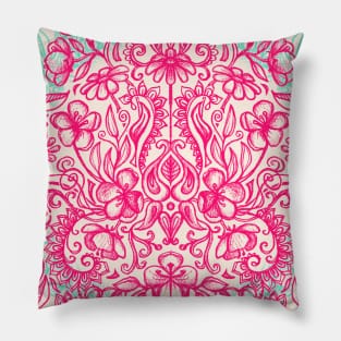 Spring Arrangement - floral doodle in pink & mint Pillow