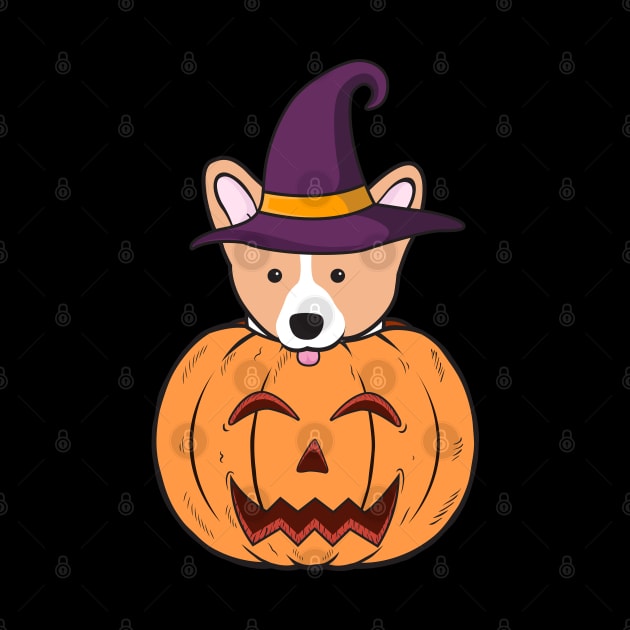 Halloween Cute Corgi With Witch Hat Stuck In A Pumpkin Head. by Candaria