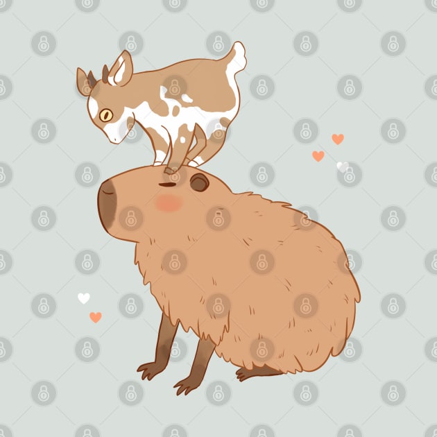 Cute capybara with a little goat friend on its head by Yarafantasyart