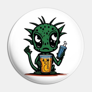 Cute Cartoonish Alien With Beer Mug Pin