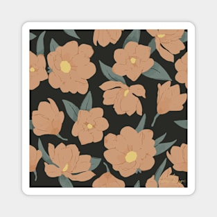 Warm peachy magnolias pattern on dark Magnet