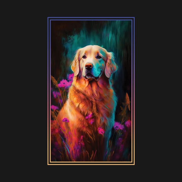 Golden Retriever Dog Vibrant Tropical Flower Tall Digital Oil Painting Portrait 4 by ArtHouseFlunky