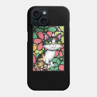 Cute Calico Kitty Cat with multi colored flowers Phone Case