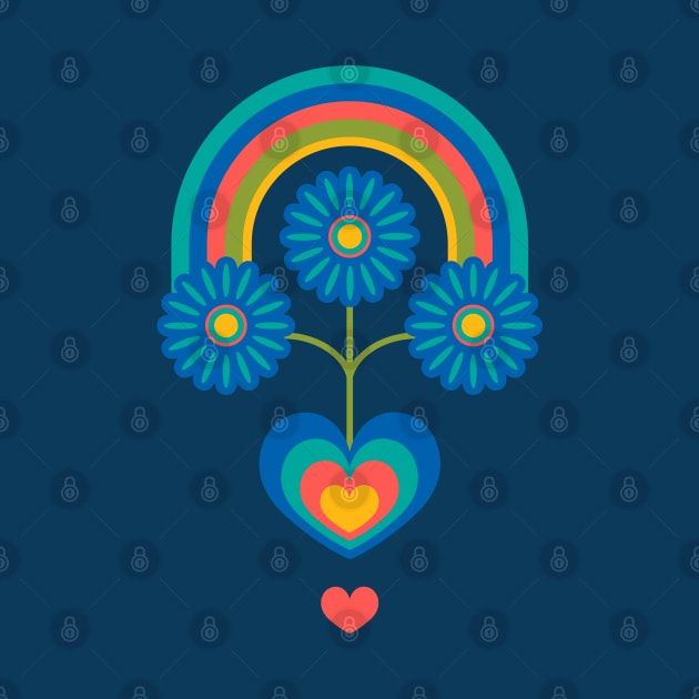 UNDER THE RAINBOW Folk Art Mid-Century Modern Scandi Floral With Flowers and Hearts on Dark Blue - UnBlink Studio by Jackie Tahara by UnBlink Studio by Jackie Tahara