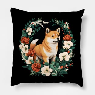 Shiba Inu Dog, Rose, Floral Ornament Pillow