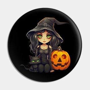 Halloween Witch Black Cat and Pumpkins Pin