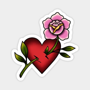 Pink Rose Red Heart Traditional Tattoo Magnet