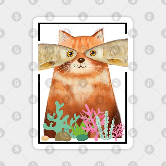 Funny cat and fish Magnet by  Memosh Everything 