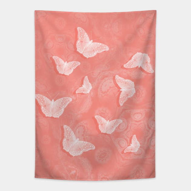 A flutter of butterflies on peach mandala patterns Tapestry by hereswendy