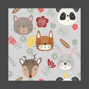 Woodland animals kids pattern grey background T-Shirt