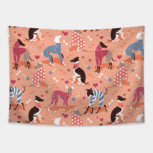 Greyhounds dogwalk // pattern // coral background Tapestry by SelmaCardoso