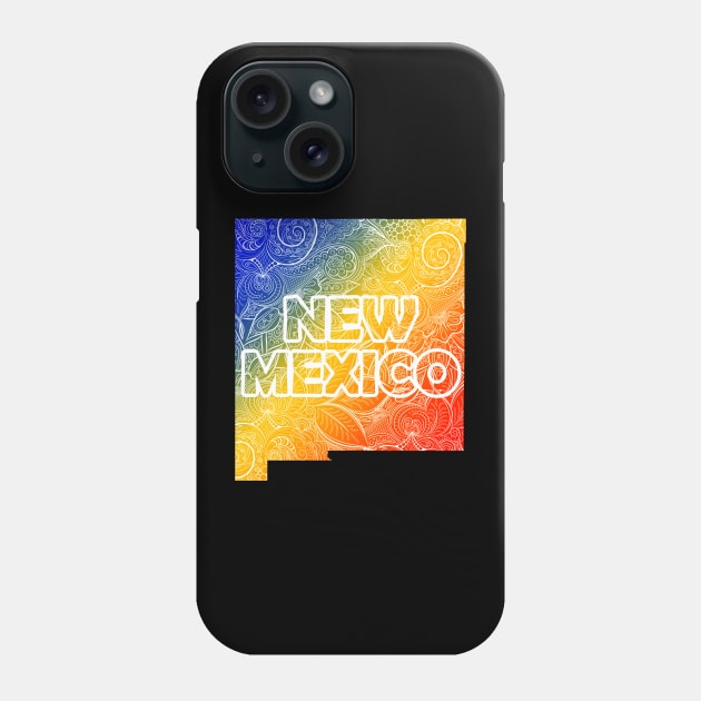 Colorful mandala art map of New Mexico with text in blue, yellow, and red Phone Case by Happy Citizen