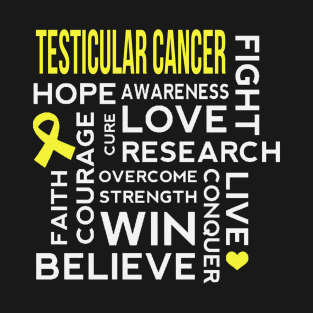 Hope Fight Awareness Love Cure Research Overcome Strength Live Believe Faith Win Testicular Cancer Awareness Yellow Ribbon Warrior T-Shirt