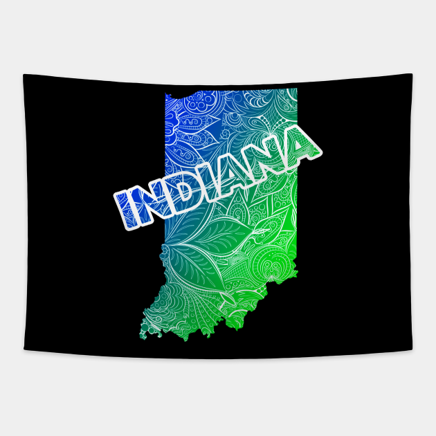 Colorful mandala art map of Indiana with text in blue and green 