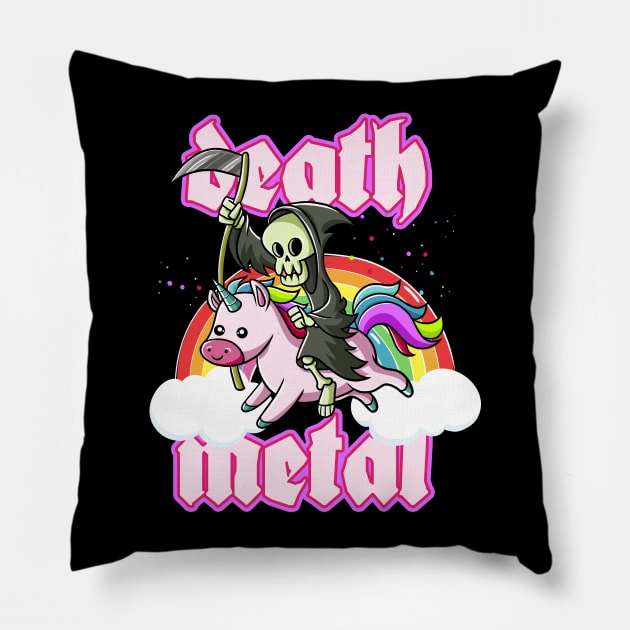 Cute Grim Reaper Rides Unicorn Death Metal Rocker Go To Hell Pillow by Juandamurai