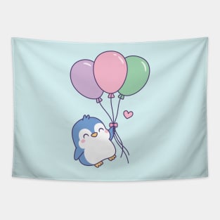 Cute Little Penguin Flying With Balloons Tapestry