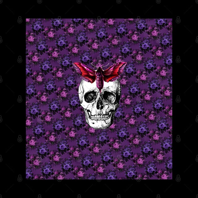 Skull Moth Death by Purple Victorian Flowers - Goth Fashion, Boho Goth, Dark Hippie Floral pattern by Wanderer Bat