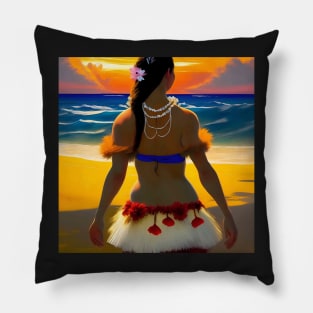 Hula Girl Hawaiian Luau Impressionist Painting Hawaii Sunset Pearls Pillow