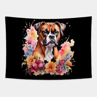 A boxer dog decorated with beautiful watercolor flowers Tapestry