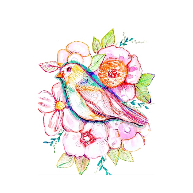 floral bird illustration with rainbow colors, peonies, pink flowers, pink bird, cute illustration by chandelier2137
