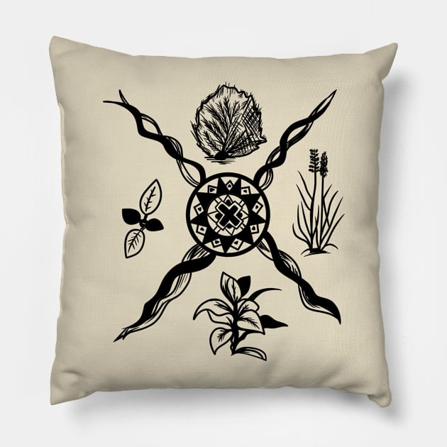 Native American Sacred Plant Black Pillow by Eyanosa