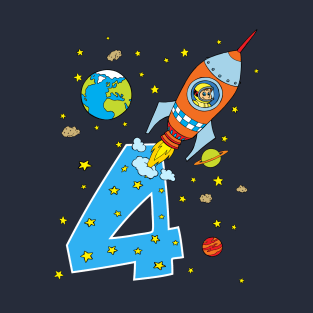 Moon Rocket Astronaut 4 Year Birthday Design for Kids T-Shirt