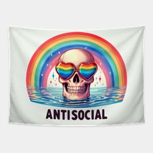 "Antisocial" Skull and Rainbow Tapestry