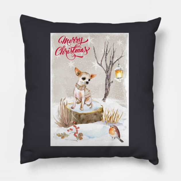 White Smooth Haired Chihuahua Merry Christmas Santa Dog Pillow by Puppy Eyes