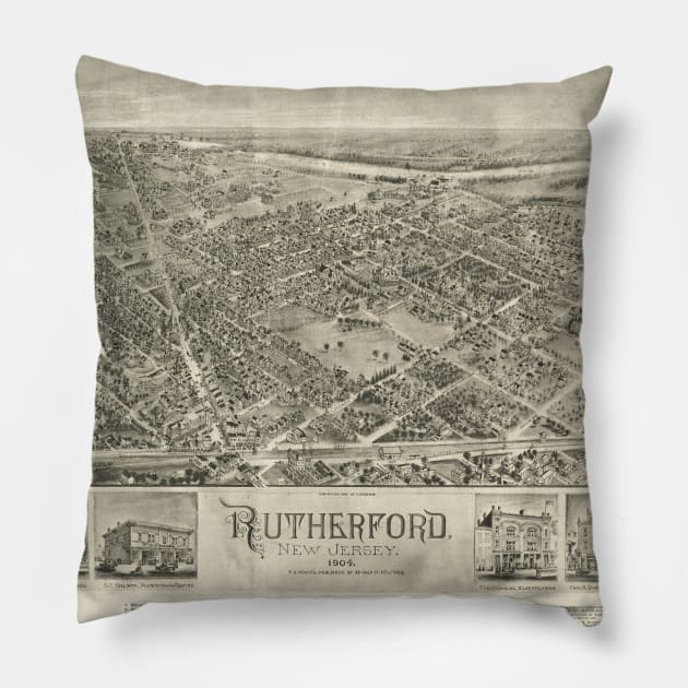 Vintage Pictorial Map of Rutherford NJ (1904) Pillow by Bravuramedia