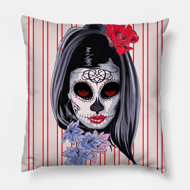 Red White and Black Striped Graphic & makeup mask,floral,flower skull Pillow by SAM DLS