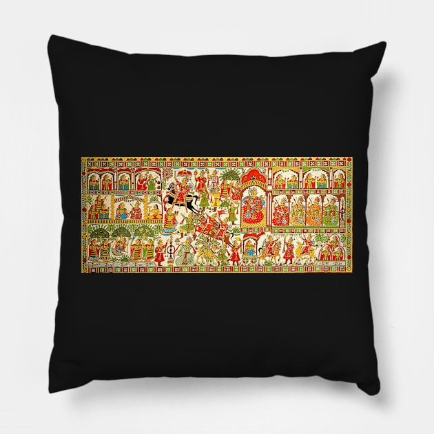 Phad painting, Indian folk art, watercolor painting Pillow by gopalpjoshi