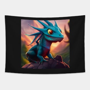 Baby Cyan Dragon on a Rock Tapestry