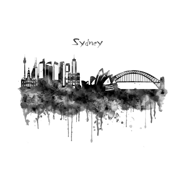 Sydney Black and White Watercolor Skyline by Marian Voicu