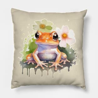 Frog Flower Watercolor Pillow