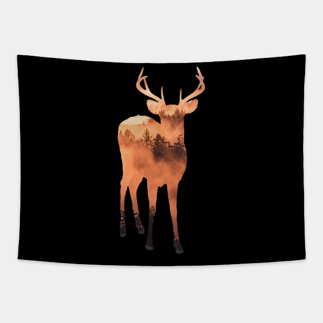 Deer Silhouette with Foggy Forest Tapestry by mikels