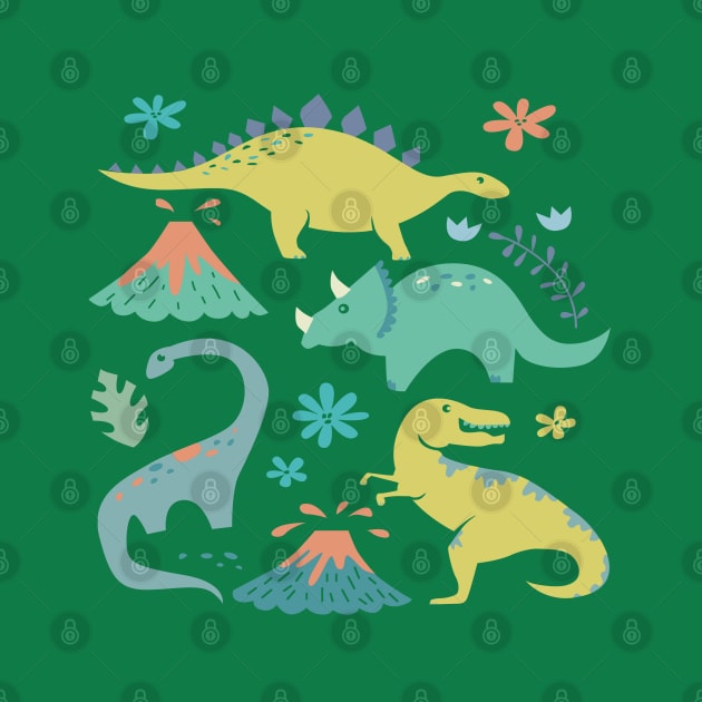 Kawaii Dinosaur in Teal, Yellow, Coral by latheandquill