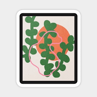 Pink line on green plant, Abstract art, Red sun Magnet