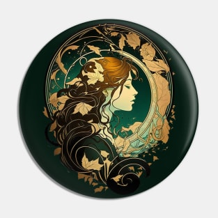 Girl With Fall Autumn Leaves In Her Hair Art Nouveau Graphic Pin