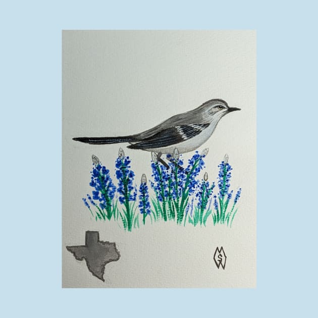 Texas state bird & flower, the mockingbird & bluebonnet by Matt Starr Fine Art