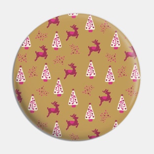 Pink reindeer and Christmas trees on gold Pin