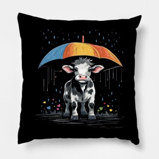 Cow Rainy Day With Umbrella Pillow