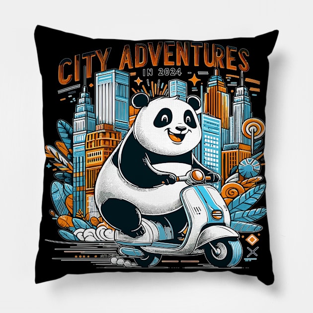 Pandas Urban Scooter Quest 2024 Pillow by maknatess